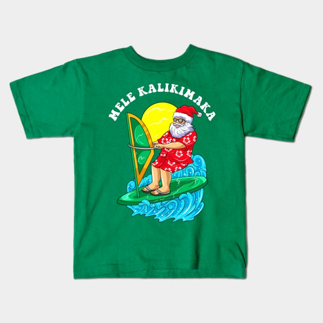 Mele Kalikimaka Santa Wind Surfing Christmas In July Kids T-Shirt by E